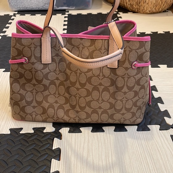 Coach Pink Stripe Brown Signature Coated Canvas Carryall Tote Bag F22908 NWT - Picture 5 of 16